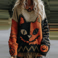 Halloween Cute Cat Face Art Cozy Knit Sweater