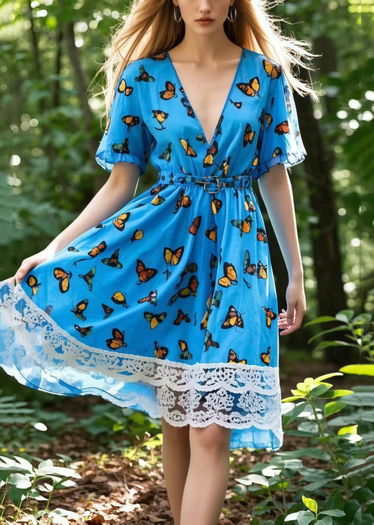 Blue Butterfly Patchwork Lace Mid Dress Summer
