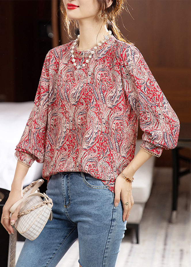 Colorblock O Neck Print Patchwork Chiffon Top Fall