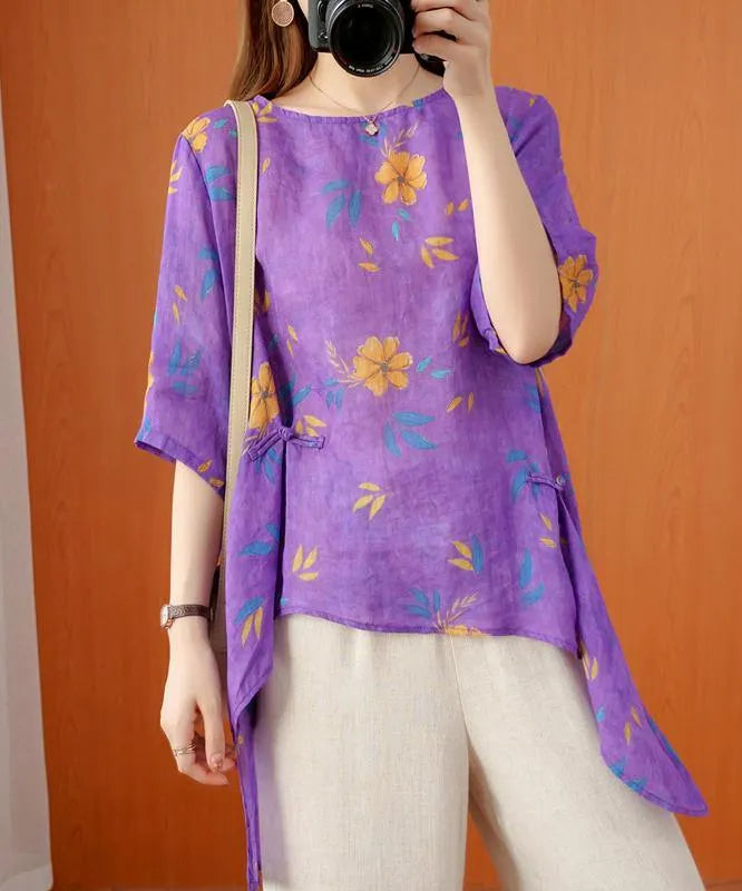 French O Neck Asymmetric Summer Top Shirts Purple Print Top
