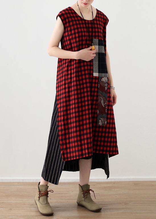 Diy Plaid Patchwork Linen Cotton Wardrobes Work Outfits Sleeveless a Line Summer Dress