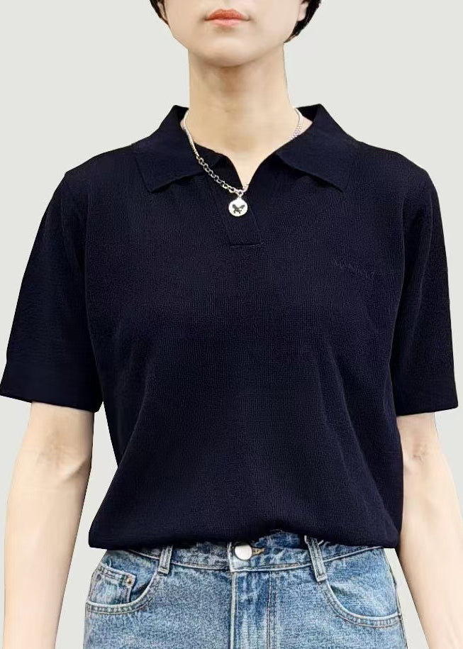 Simple Black Peter Pan Collar Cotton T Shirts Summer
