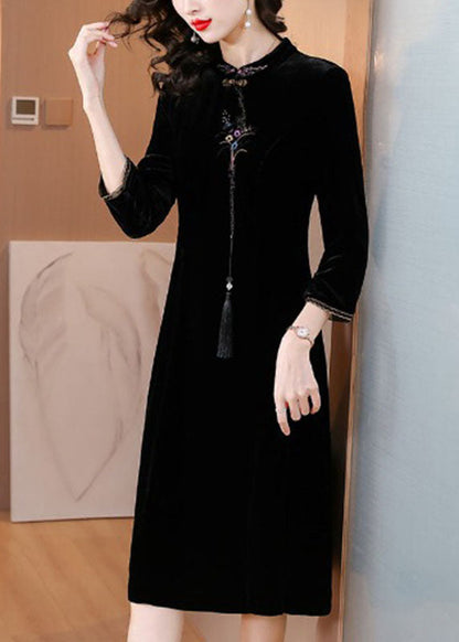 Classy Black Stand Collar Embroidered Silk Velour Maxi Dress Fall