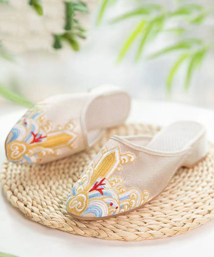 Gold Satin Slide Sandals Splicing Pointed Toe Embroideried