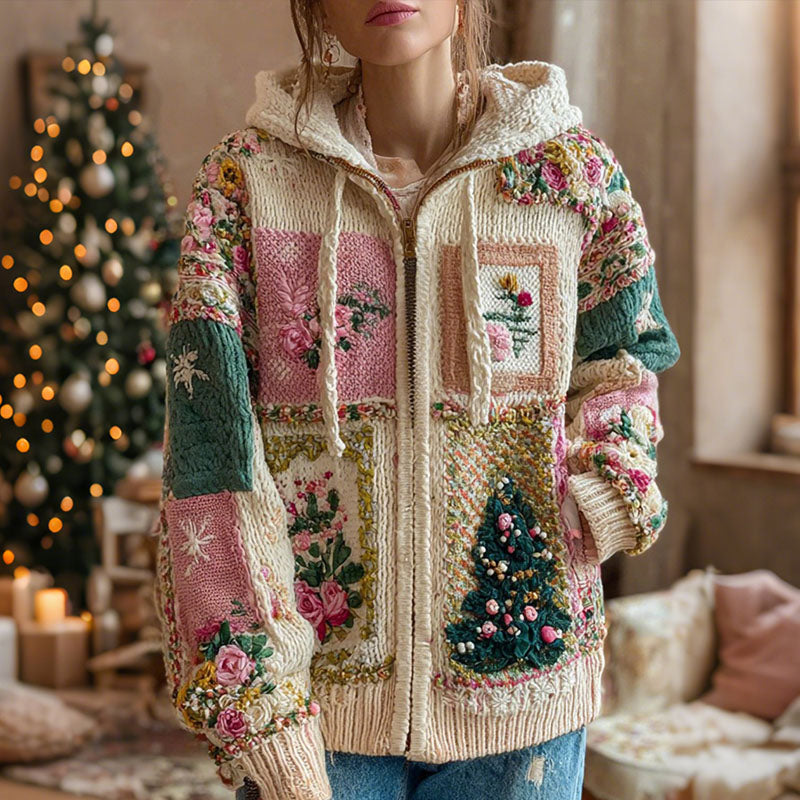 Comstylish Women's Christmas Tree And Rose Pattern Knitted Zip-up Hooded Sweater