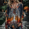 Women's Viking Tribal Tree Of Life And Floral Embroiderd In Rainbow Art Casual Shirt elevenforest