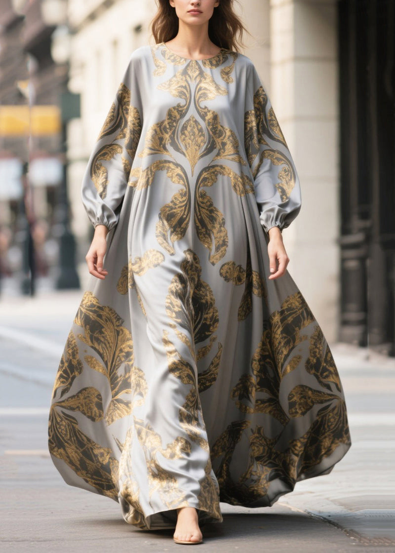 Grey Oversized Print Chiffon Maxi Dresses Fall