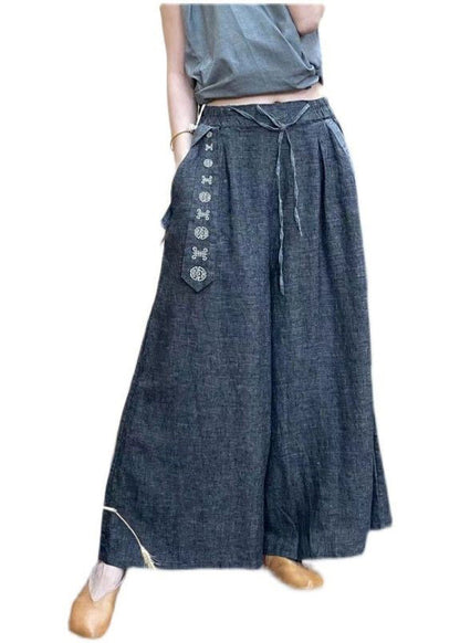 Grey Elastic Waist Drawstring Pockets Linen Wide Leg Pants Summer