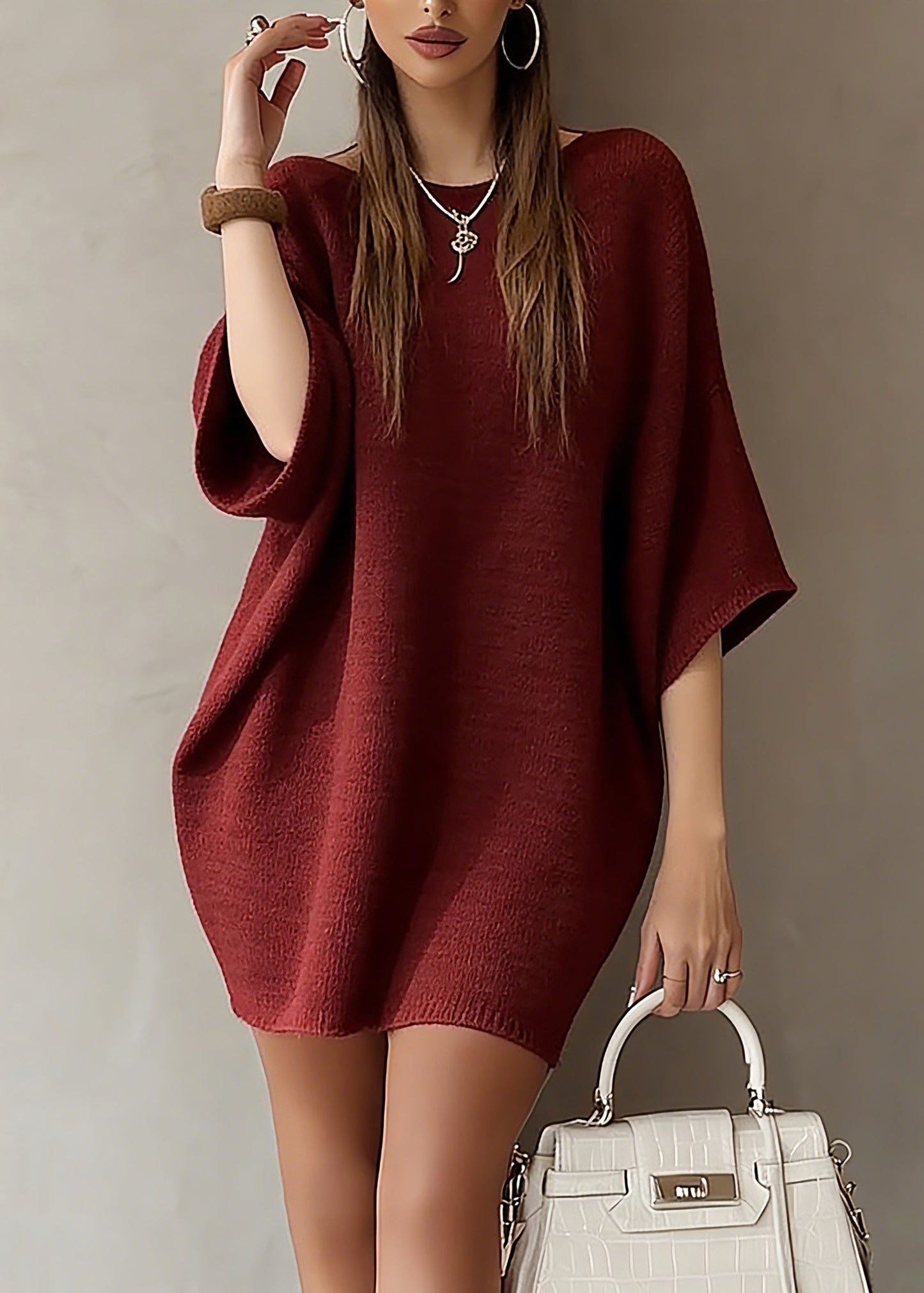 Red Slash Neck Knit Sweater Dress Batwing Sleeve