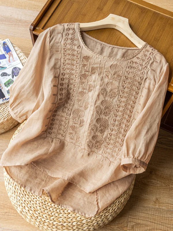Embroidered Round Neck Half Sleeve Linen Tee Top