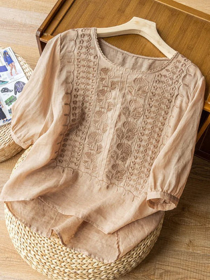 Embroidered Round Neck Half Sleeve Linen Tee Top