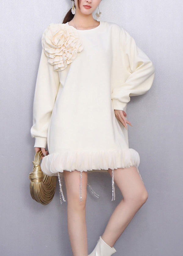 Fall Beige Decorated Crystal Tassel Patchwork Dress