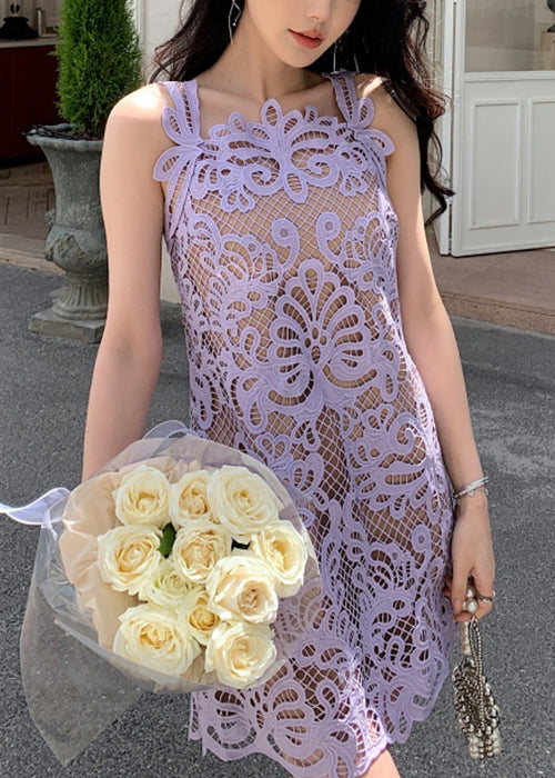 Purple Lace Spaghetti Strap Dress Hollow Out Summer
