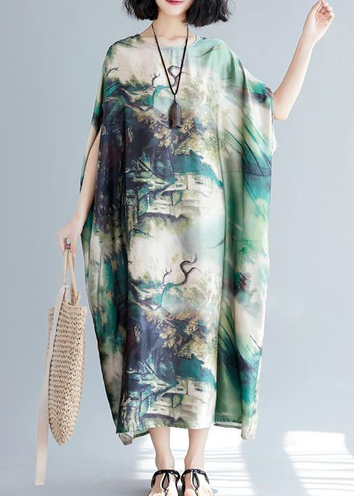 French O Neck Baggy Summer Wardrobes Lnspiration Green Print Robes Dresses