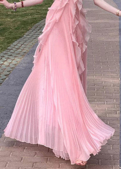 Novelty Pink Ruffled Chiffon Spaghetti Strap Dress Sleeveless