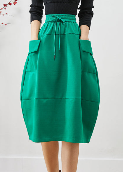 Green Elastic Waist Patchwork Cotton Skirts Fall