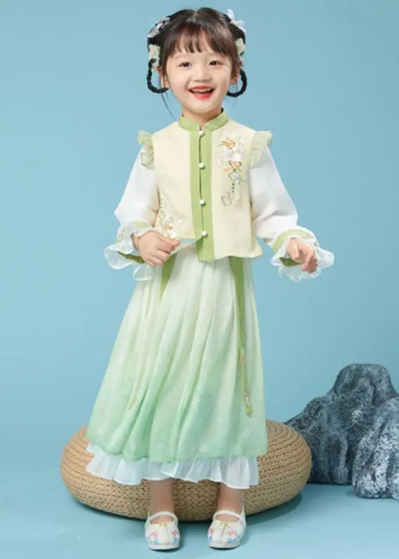 Yellow Green Stand Collar Embroideried Kids Top and Maxi Skirts Two Piece Set Fall