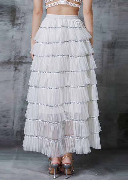 French White Sequins Patchwork Layered Tulle Skirts Spring