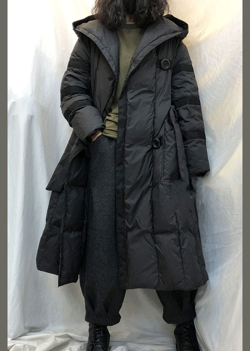 Black Hooded Tie Waist Winter Duck Down Coats