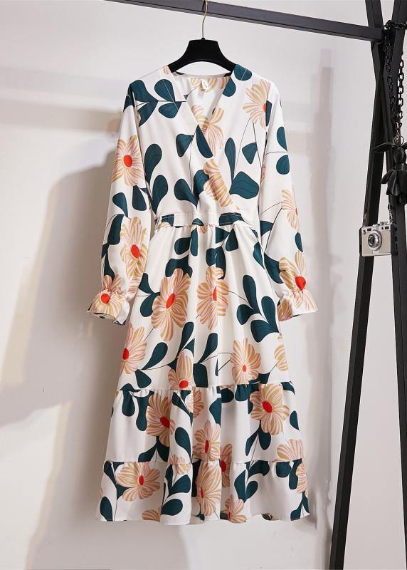 Natural Print Chiffon Clothes for V Neck Wrinkled Art Dresses