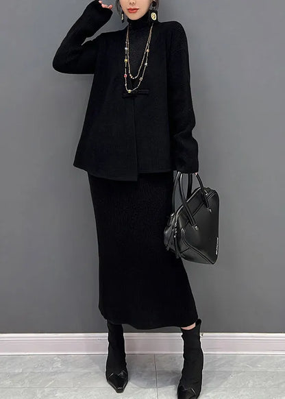 Black V Neck Knit Cardigans and Skirts Two Pieces Set Winter