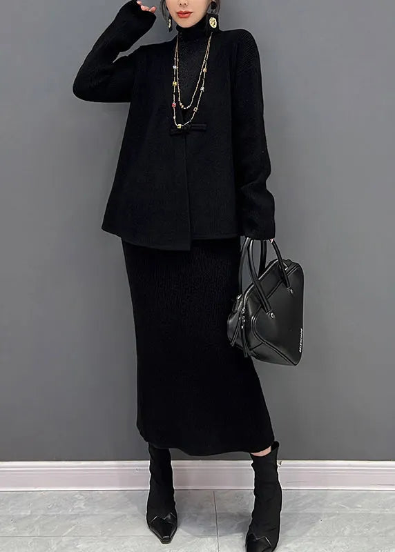 Black V Neck Knit Cardigans and Skirts Two Pieces Set Winter