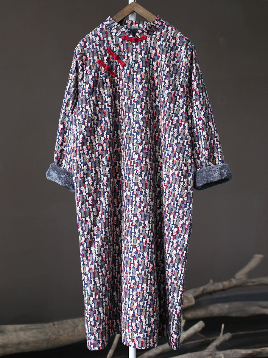 Winter Chinese Print Frog Thick Long Dress