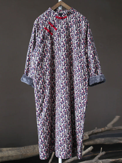 Winter Chinese Print Frog Thick Long Dress
