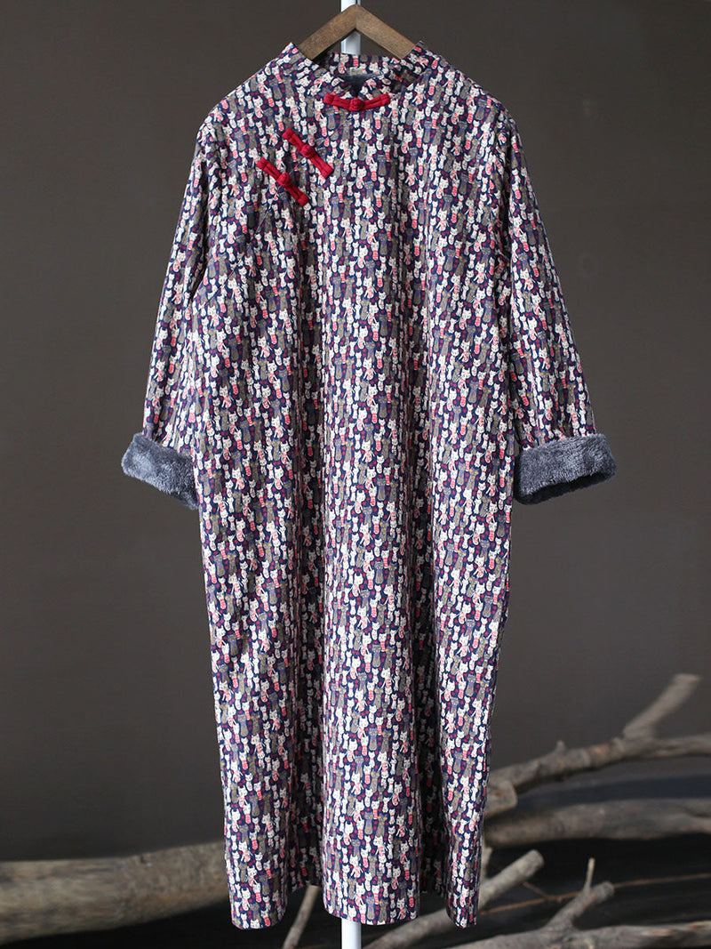 Winter Chinese Print Frog Thick Long Dress