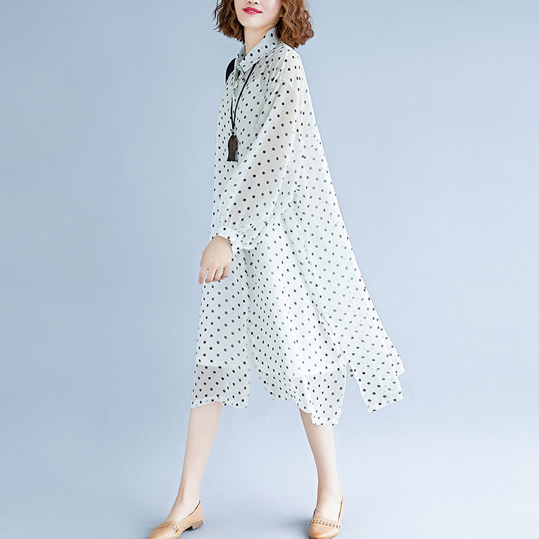 Style White Maxi Dresses Turn-down Collar Long Sleeve Prom Dress Dotted Baggy Dresses Maxi Dress