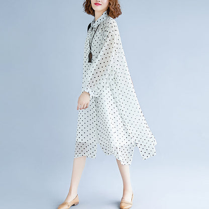 Style White Maxi Dresses Turn-down Collar Long Sleeve Prom Dress Dotted Baggy Dresses Maxi Dress