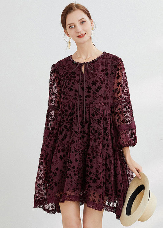 Mulberry O-neck Lace Up Silk Velour Mid Dress Long Sleeve