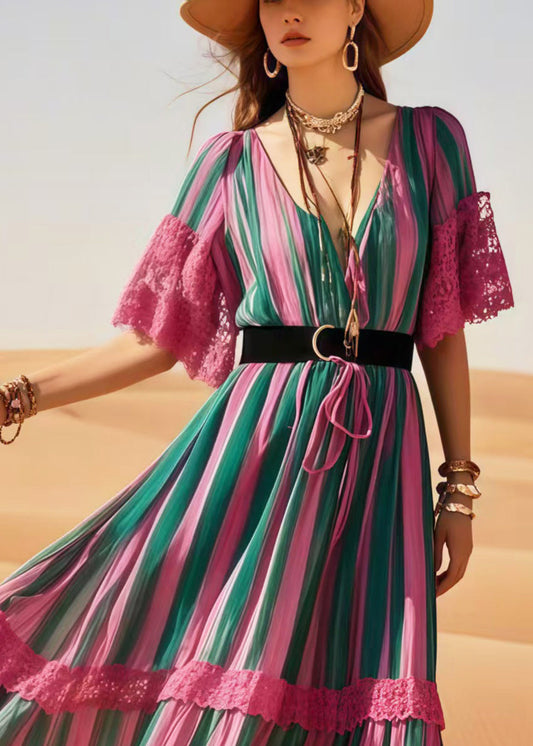 Polychrome Striped Patchwork Lace Tunic Dress Summer