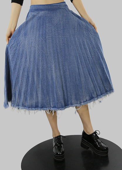 Blue Zip Up Elastic Waist Pleated Skirts Spring