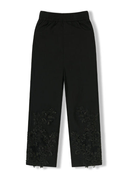 Black Embroidered Elastic Waist Cotton Crop Pants Summer