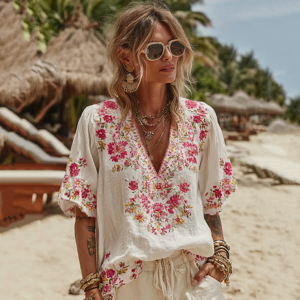 Women's Vintage Rose Floral Art Linen Comfy Shirt elevenforest