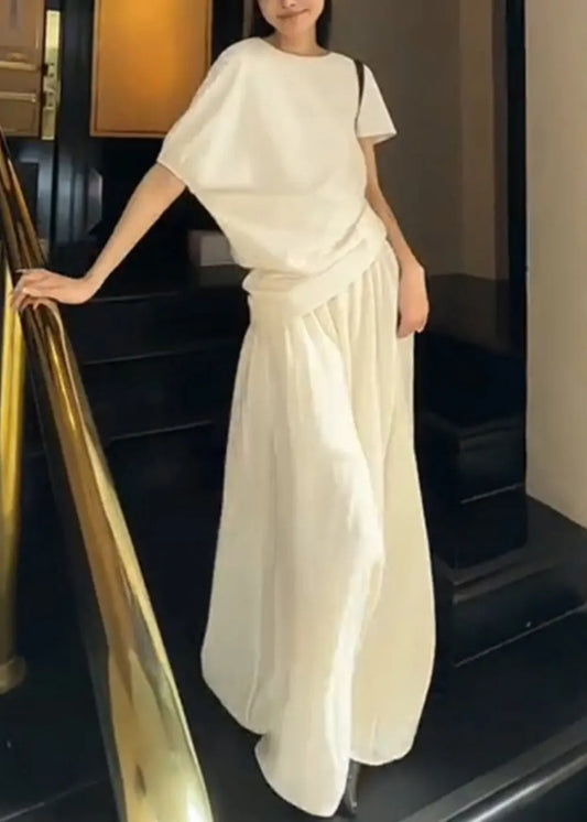 New White O Neck Tops and Skirts Cotton Two-piece Set Summer