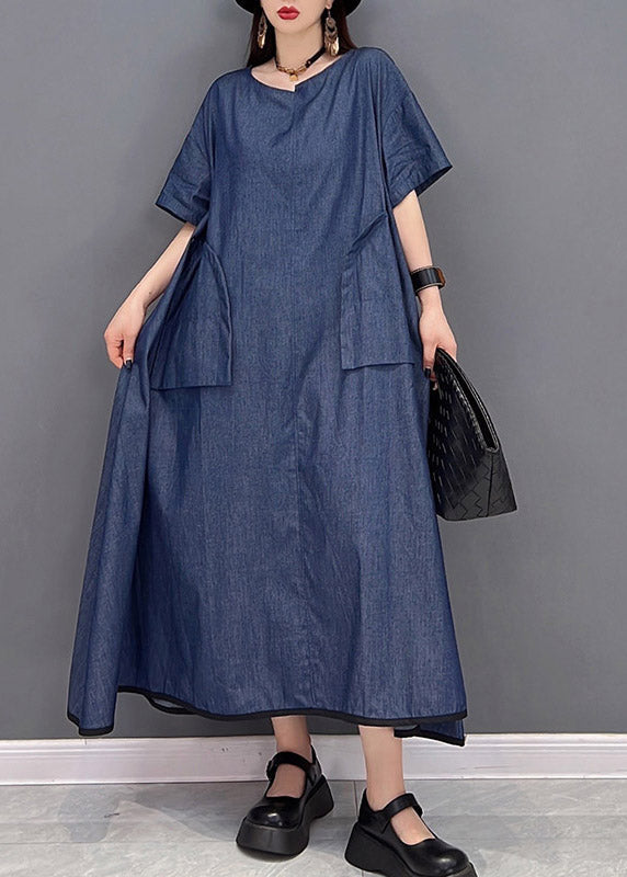 Denim Blue O-neck Pockets Long Dresses Short Sleeve