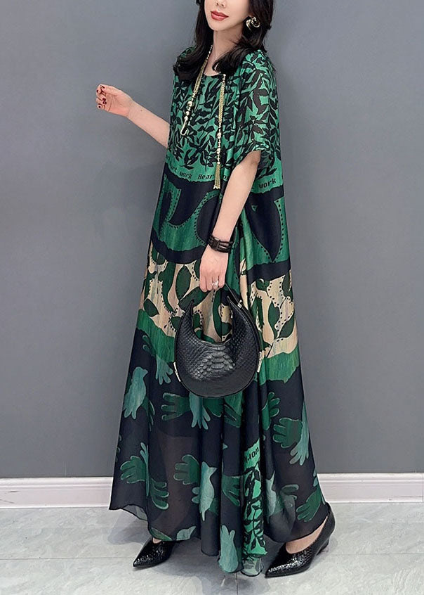 Green O Neck Pockets Print Patchwork Silk Long Dresses Summer