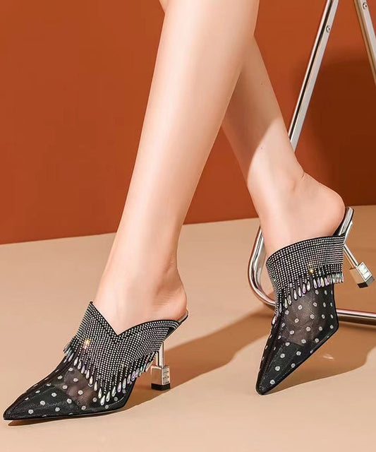 Black Tulle Zircon Tassel Slide Sandals Pointed Toe