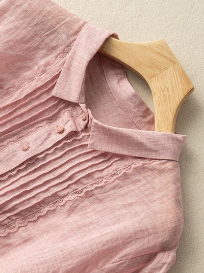 Color Short Sleeve Linen Pleated Top