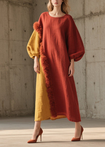 Colorblock Fuzzy Fur Fluffy Patchwork Cotton Long Dress Fall