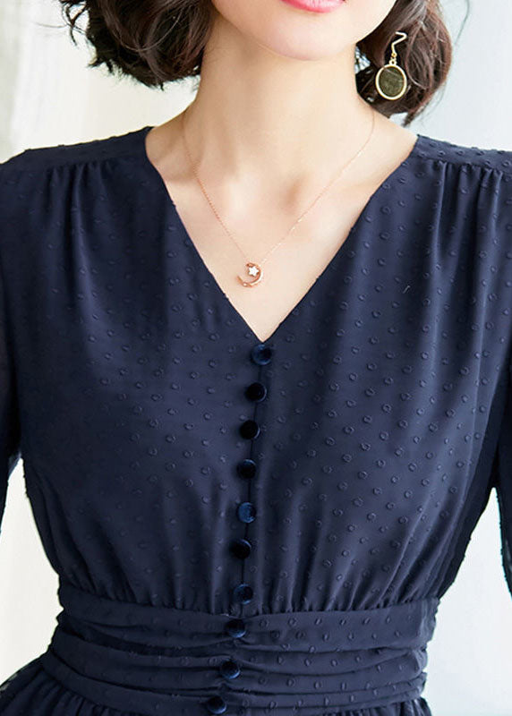 Blue V Neck Dot Button Chiffon Cinch Shirts Long Sleeve