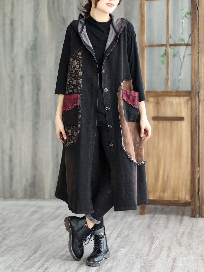 Patchwork Button Pocket Hooded Denim Vest