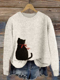 Black Cat With Bow Knot Back View Felt Cozy Sweater elevenforest