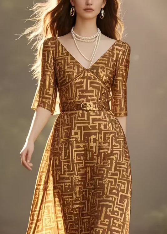 Brown Cinched Print Chiffon Long Dress Half Sleeve
