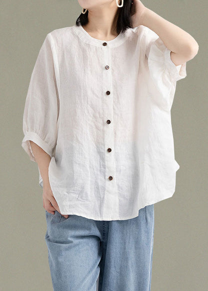 Art Red O-neck Button Linen Loose Shirt Top Lantern Sleeve