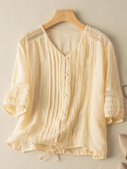 Pure Color V Neck 3/4 Sleeve Linen Top