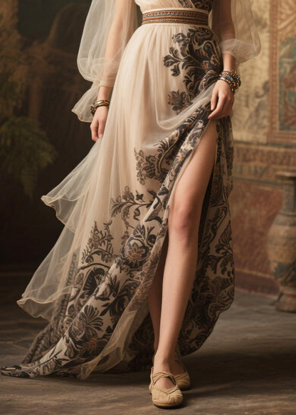 Beige Print Exra Large Hem Chiffon Holiday Dress Summer