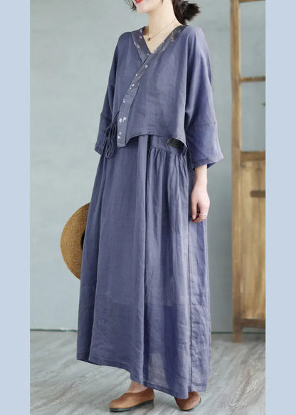 Retro Navy V Neck Patchwork Linen Top and Maxi Skirts Two Pieces Set Summer